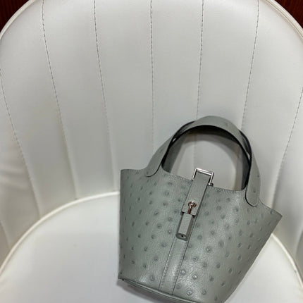 HM 25S PICOTIN LOCK 14 CM IN GREY OSTRICH WITH SILVER HARDWARE
