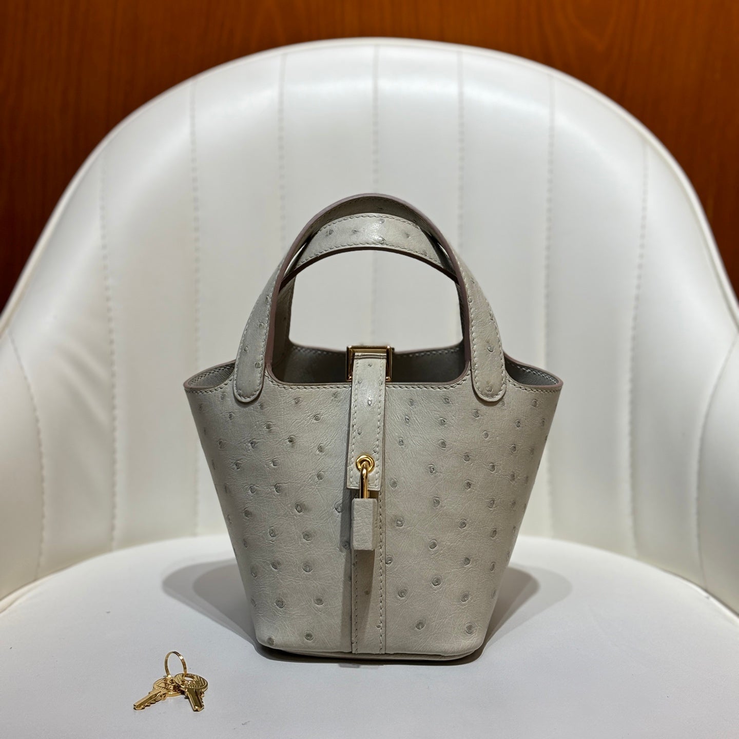 HM 25S PICOTIN LOCK 14 CM IN LIGHT GREY OSTRICH WITH GOLD HARDWARE