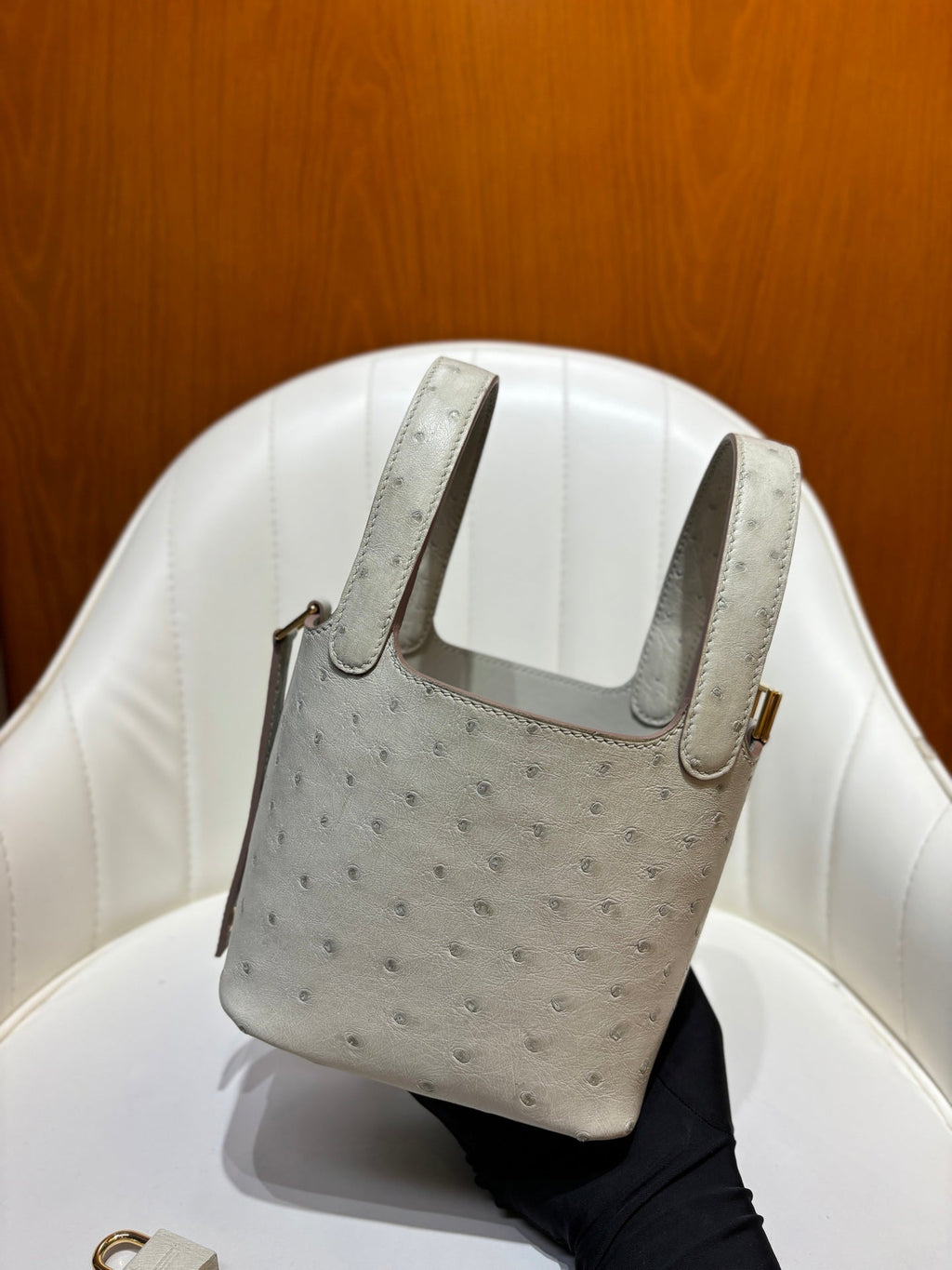HM 25S PICOTIN LOCK 14 CM IN LIGHT GREY OSTRICH WITH GOLD HARDWARE