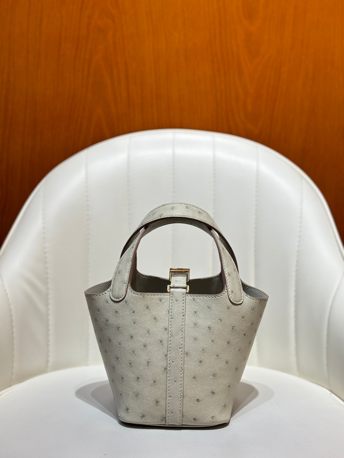 HM 25S PICOTIN LOCK 14 CM IN LIGHT GREY OSTRICH WITH GOLD HARDWARE