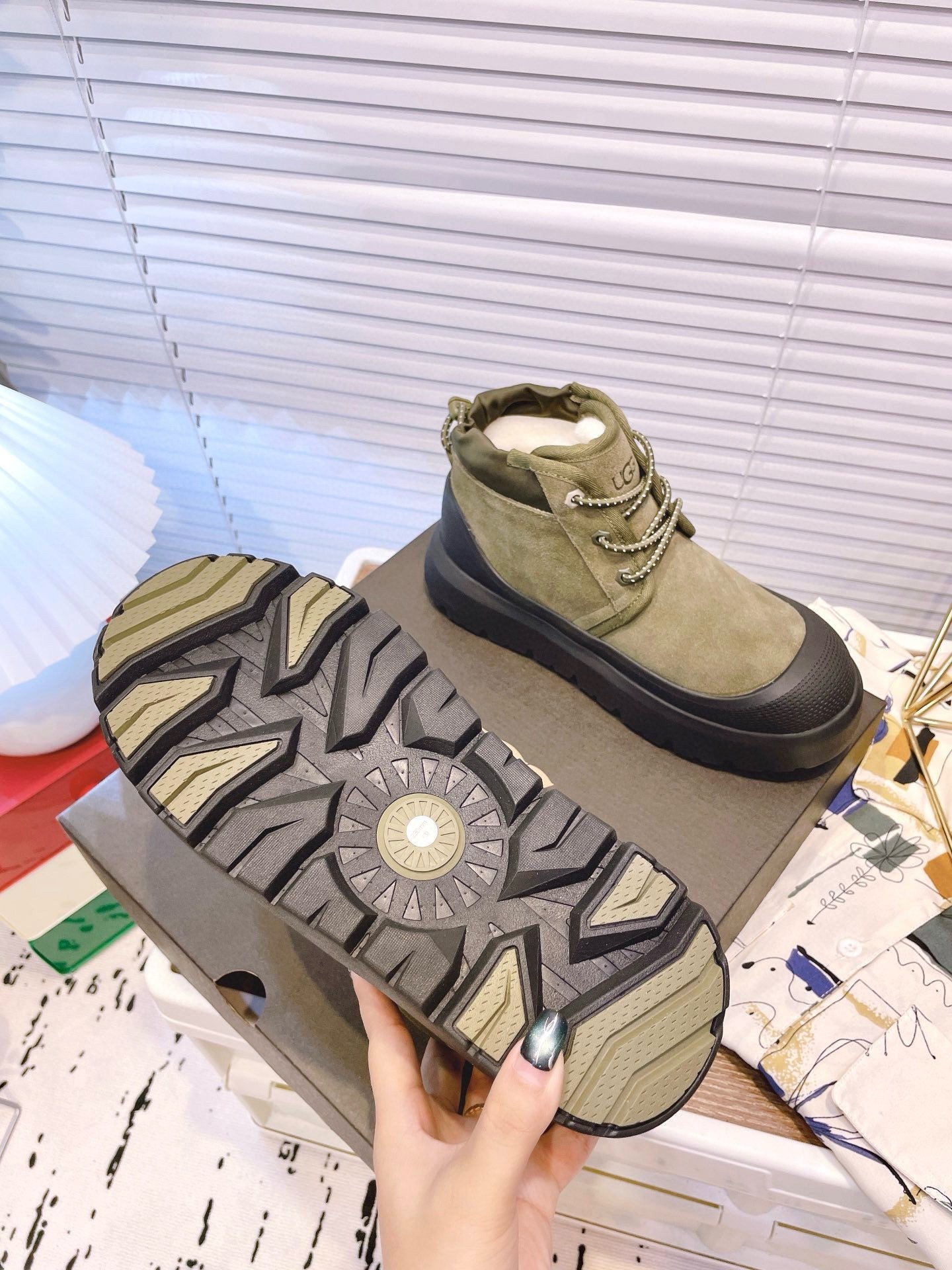 GENDER NEUMEL HIGH WEATHER HYBRID IN OLIVE GREEN SUEDE AND BLACK CALFSKIN