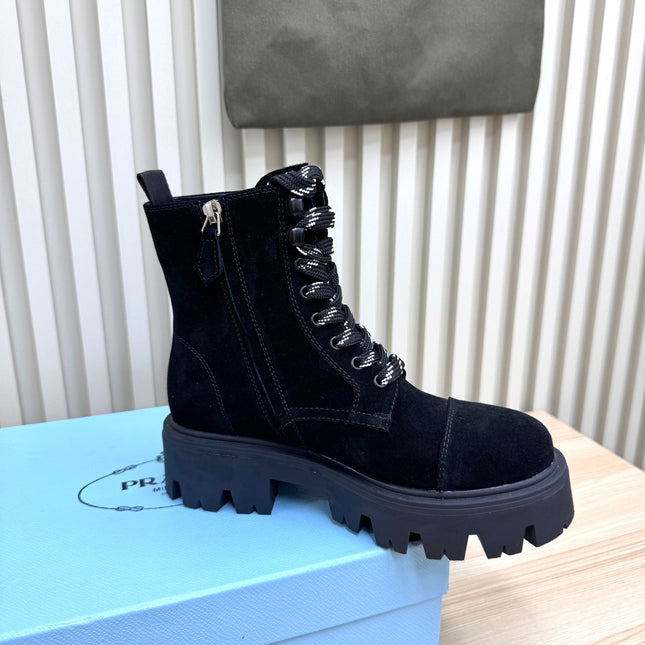 PRADA 25S MONOLITH BOOTS IN BLACK SUEDE
