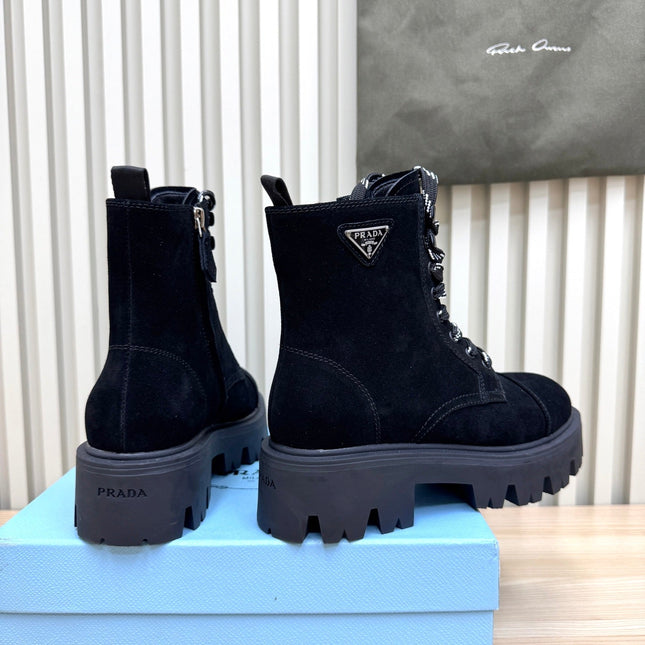 PRADA 25S MONOLITH BOOTS IN BLACK SUEDE