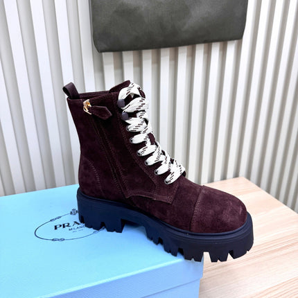 PRADA 25S MONOLITH BOOTS IN DARK PLUM BROWN SUEDE