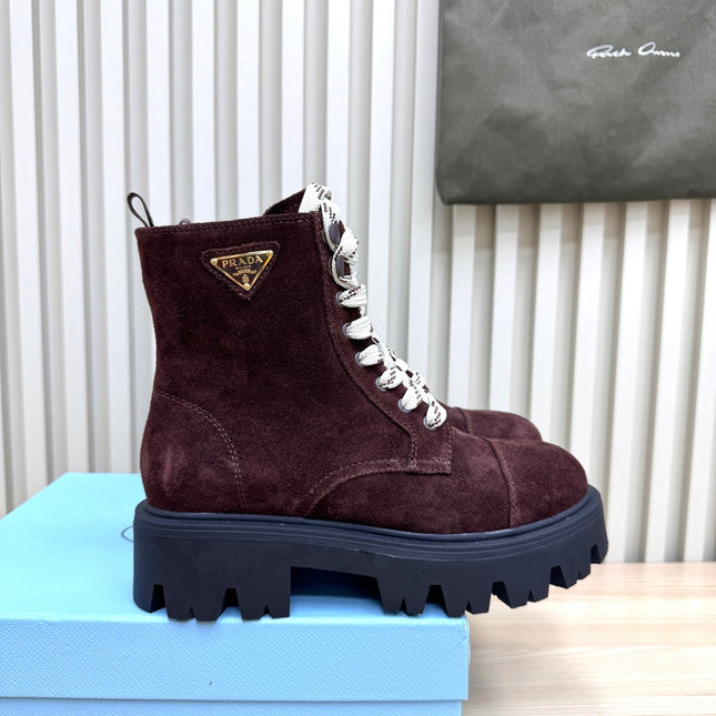 PRADA 25S MONOLITH BOOTS IN DARK PLUM BROWN SUEDE