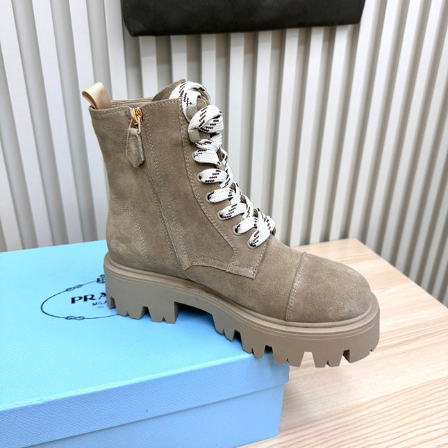 PRADA 25S MONOLITH BOOTS IN MUTED KHAKI BROWN SUEDE