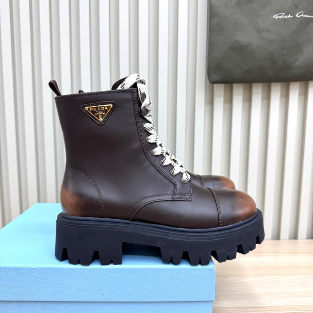 PRADA 25S MONOLITH BOOTS IN DARK BROWN CALFSKIN