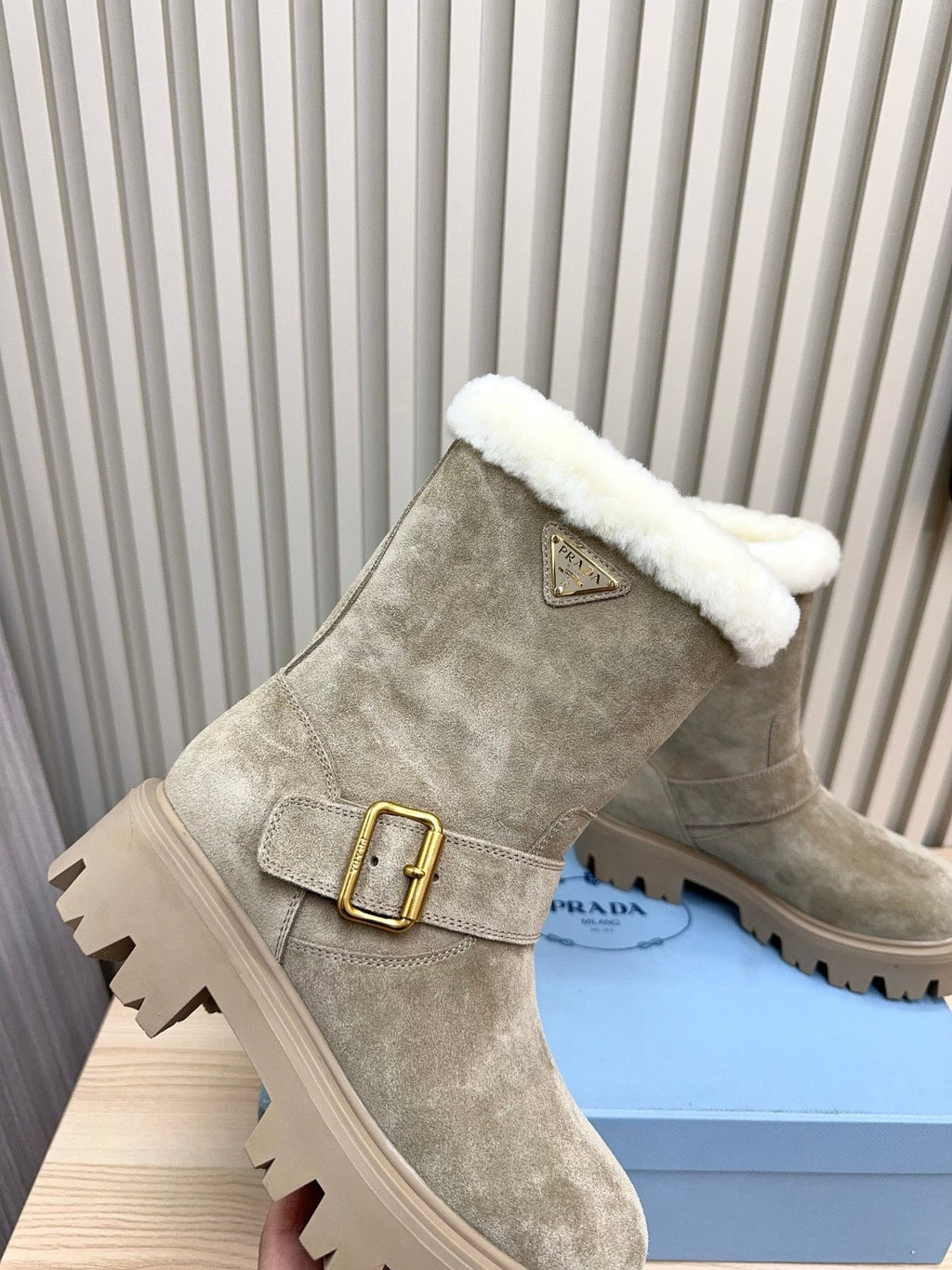 PRADA 25S MARTIN BOOTS IN BEIGE GRAY SUEDE FUR-LINED