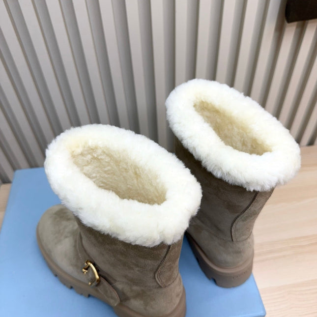 PRADA 25S MARTIN BOOTS IN BEIGE GRAY SUEDE FUR-LINED