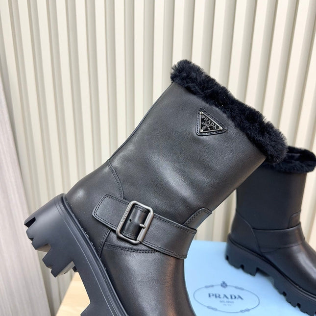 PRADA 25S MARTIN BOOTS IN BLACK CALFSKIN FUR-LINED