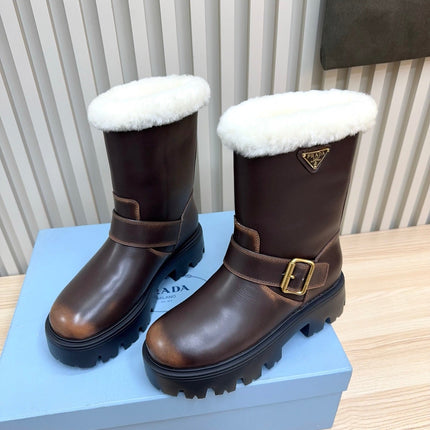 PRADA 25S MARTIN BOOTS IN DARK BROWN CALFSKIN FUR-LINED