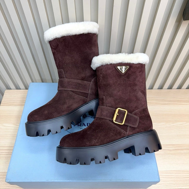 PRADA 25S MARTIN BOOTS IN DARK BURGUNDY BROWN SUEDE FUR-LINED