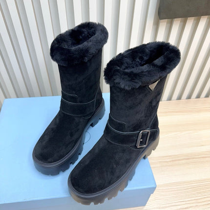 PRADA 25S MARTIN BOOTS IN DARK NAVY BLUE SUEDE FUR-LINED