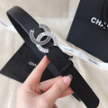 DOUBLE C CHAIN BELT 30MM IN BLACK CALFSKIN LOGO CRYSTAL GOLD BUCKLE