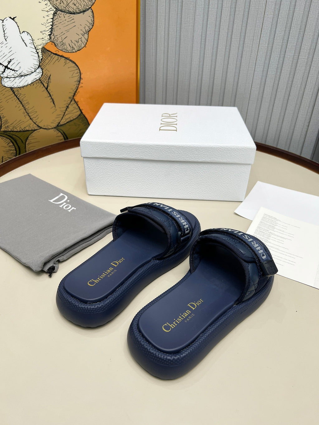 PLATFORM SLIDES 25S 50MM IN NAVY BLUE CALFSKIN AND ELECTRIC FABRIC