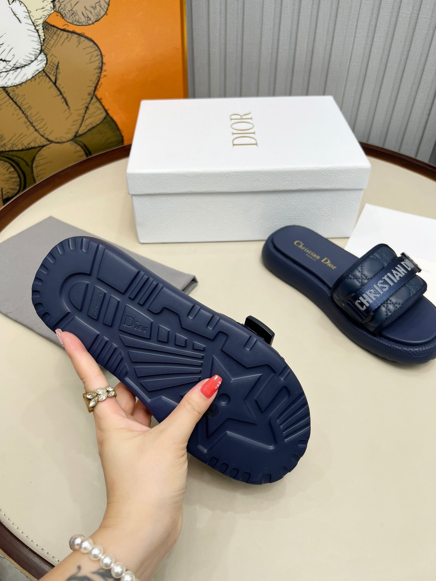 PLATFORM SLIDES 25S 50MM IN NAVY BLUE CALFSKIN AND ELECTRIC FABRIC