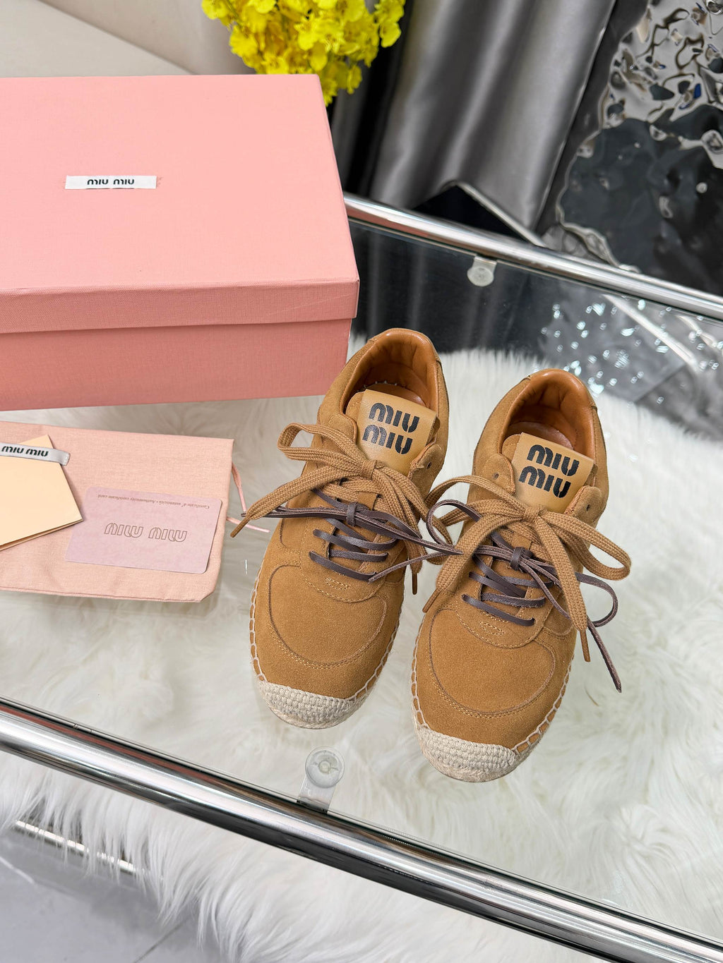 MIUMIU 26S SNEAKERS IN CARAMEL BROWN SUEDE