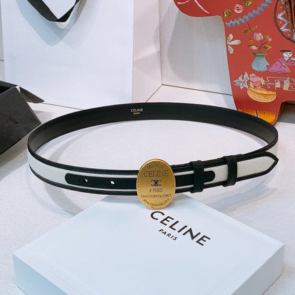 CELINE 26S BELT 25 MM IN WHITE CANVAS AND BLACK CALFSKIN 631594