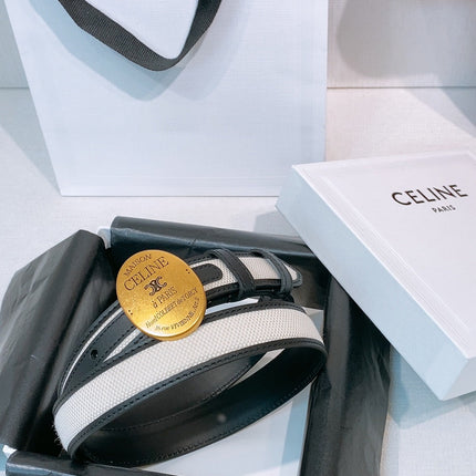 CELINE 26S BELT 25 MM IN WHITE CANVAS AND BLACK CALFSKIN 631594
