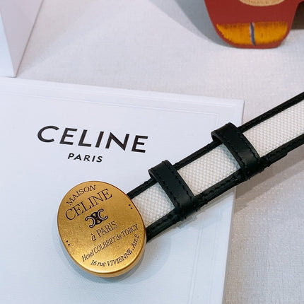 CELINE 26S BELT 25 MM IN WHITE CANVAS AND BLACK CALFSKIN 631594