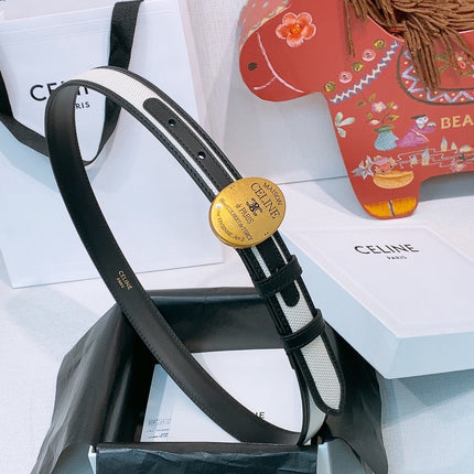 CELINE 26S BELT 25 MM IN WHITE CANVAS AND BLACK CALFSKIN 631594