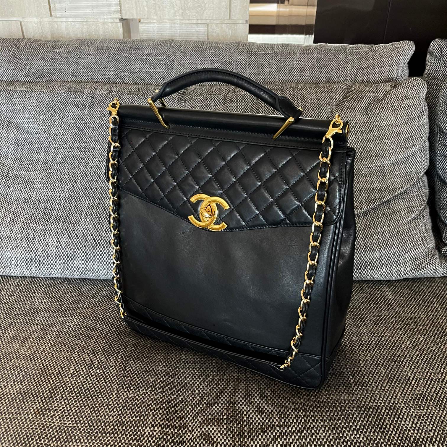 CHANEL 26S TOP HANDLE SHOPPING BAG 34 IN BLACK LAMBSKIN GOLD HARDWARE