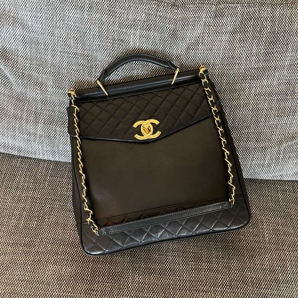 CHANEL 26S TOP HANDLE SHOPPING BAG 34 IN BLACK LAMBSKIN GOLD HARDWARE