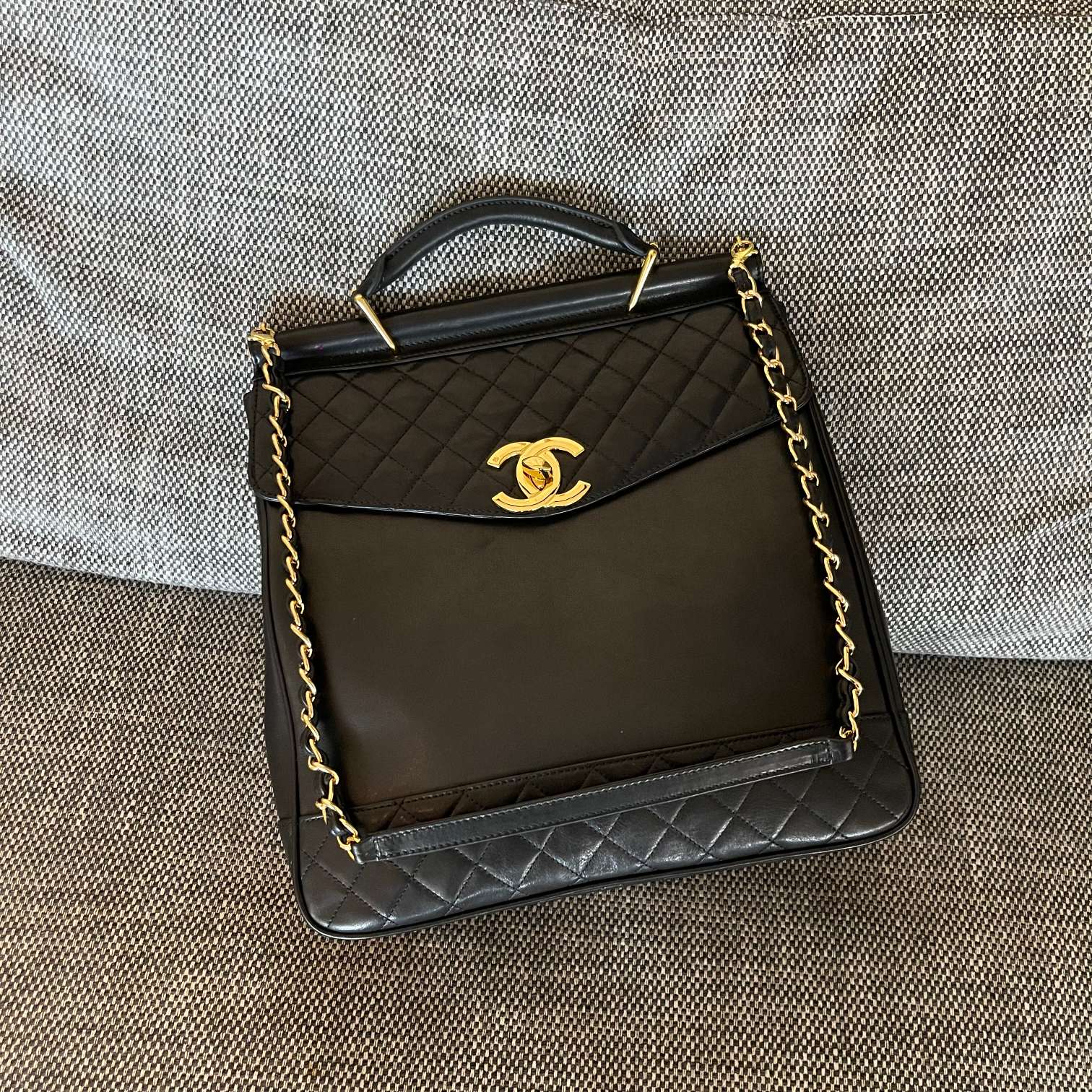 CHANEL 26S TOP HANDLE SHOPPING BAG 34 IN BLACK LAMBSKIN GOLD HARDWARE