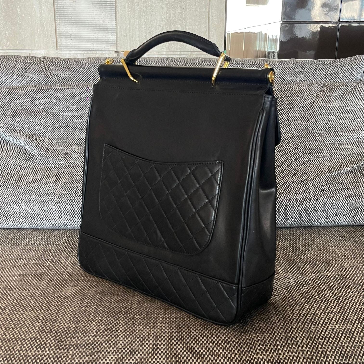 CHANEL 26S TOP HANDLE SHOPPING BAG 34 IN BLACK LAMBSKIN GOLD HARDWARE