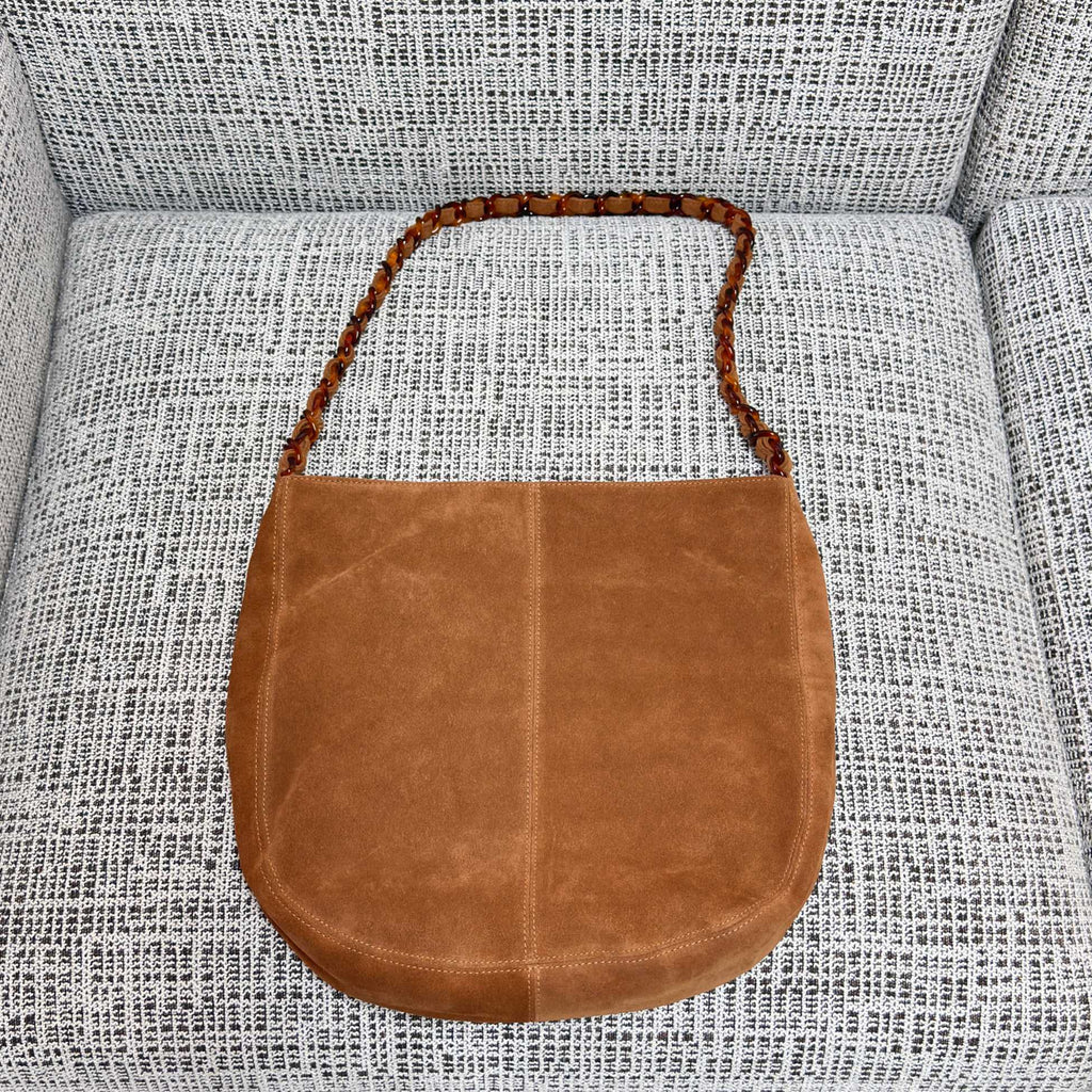 CHANEL 26S LARGE HOBO BAG 33 IN COGNAC BROWN SUEDE TORTOISE RESIN CHAIN