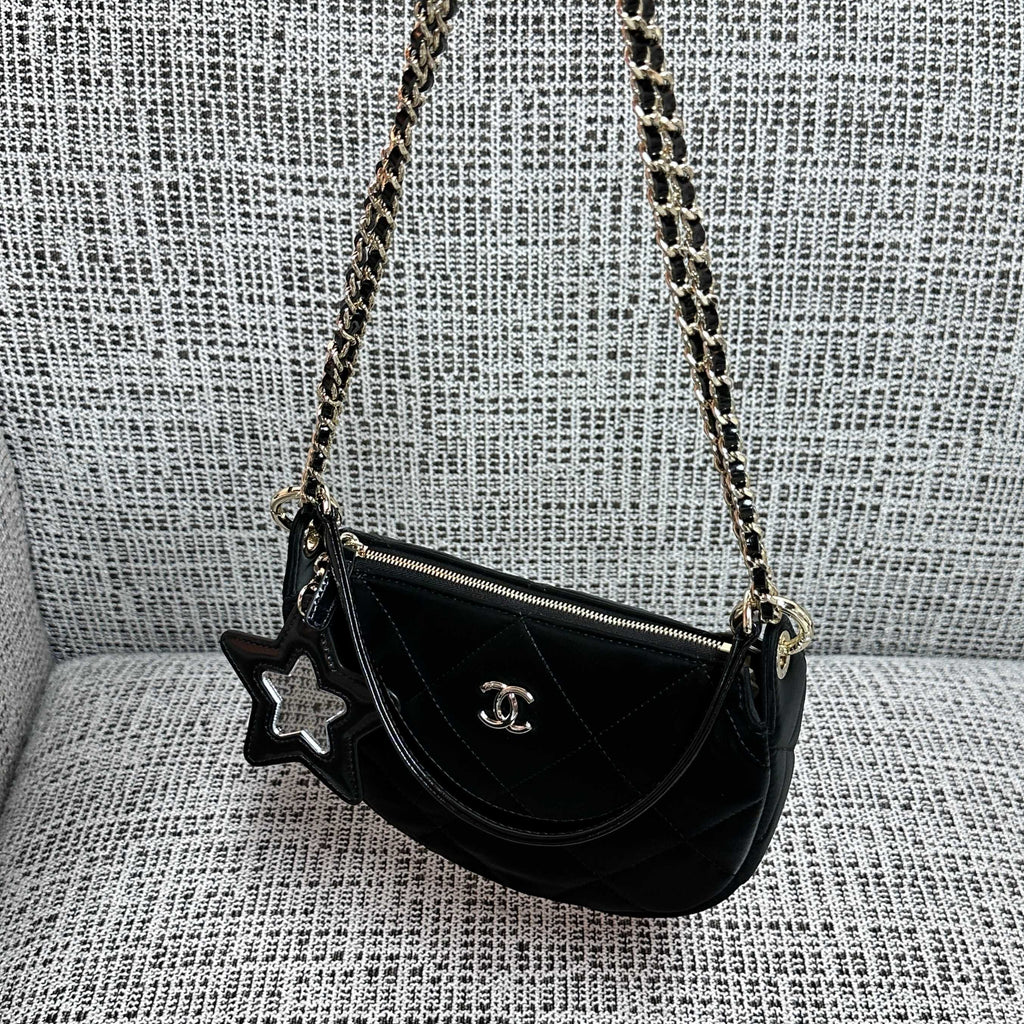 CHANEL 26S STAR CHARM HALF MOON SHOULDER BAG 20 IN BLACK SATIN GOLD HARDWARE