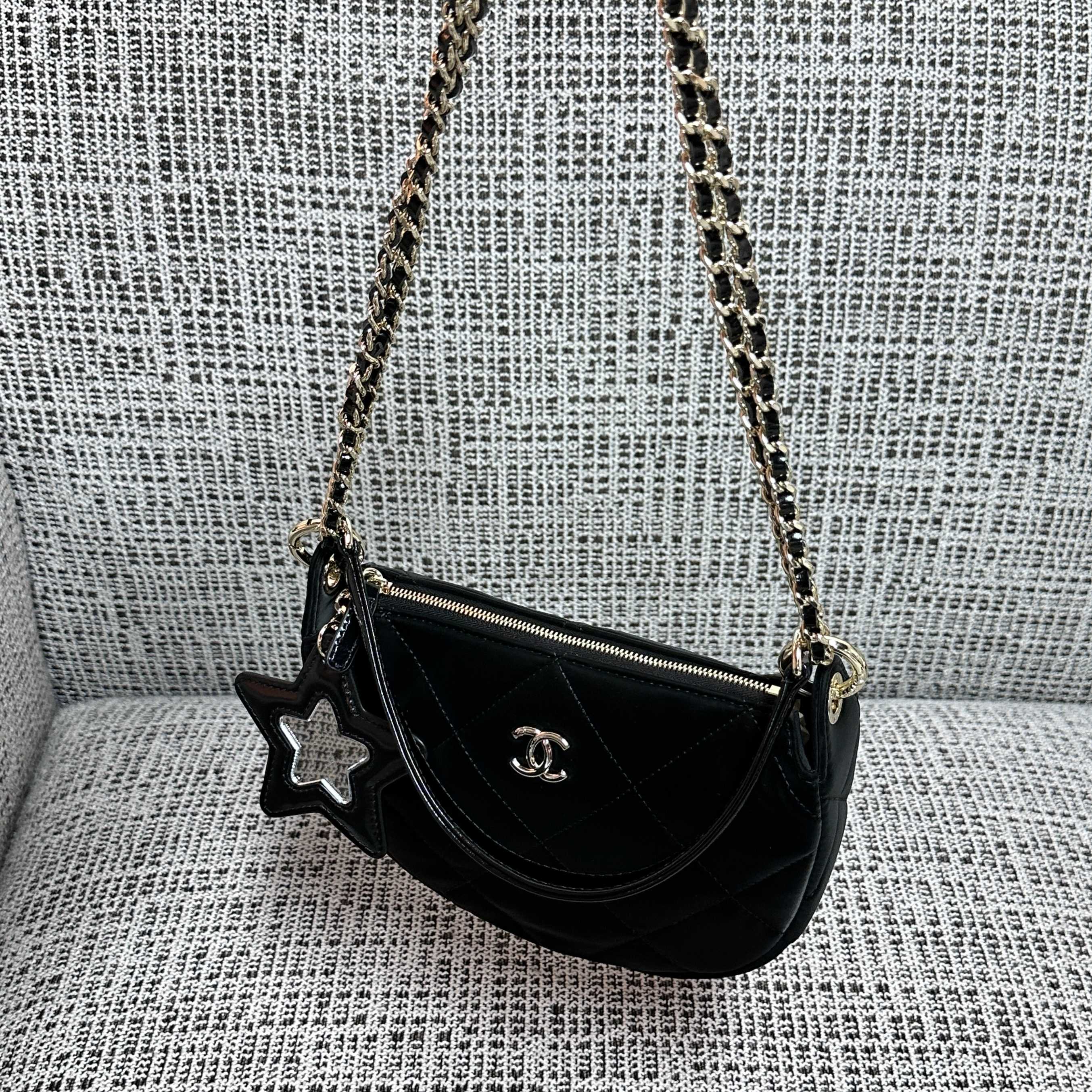 CHANEL 26S STAR CHARM HALF MOON SHOULDER BAG 20 IN BLACK SATIN GOLD HARDWARE