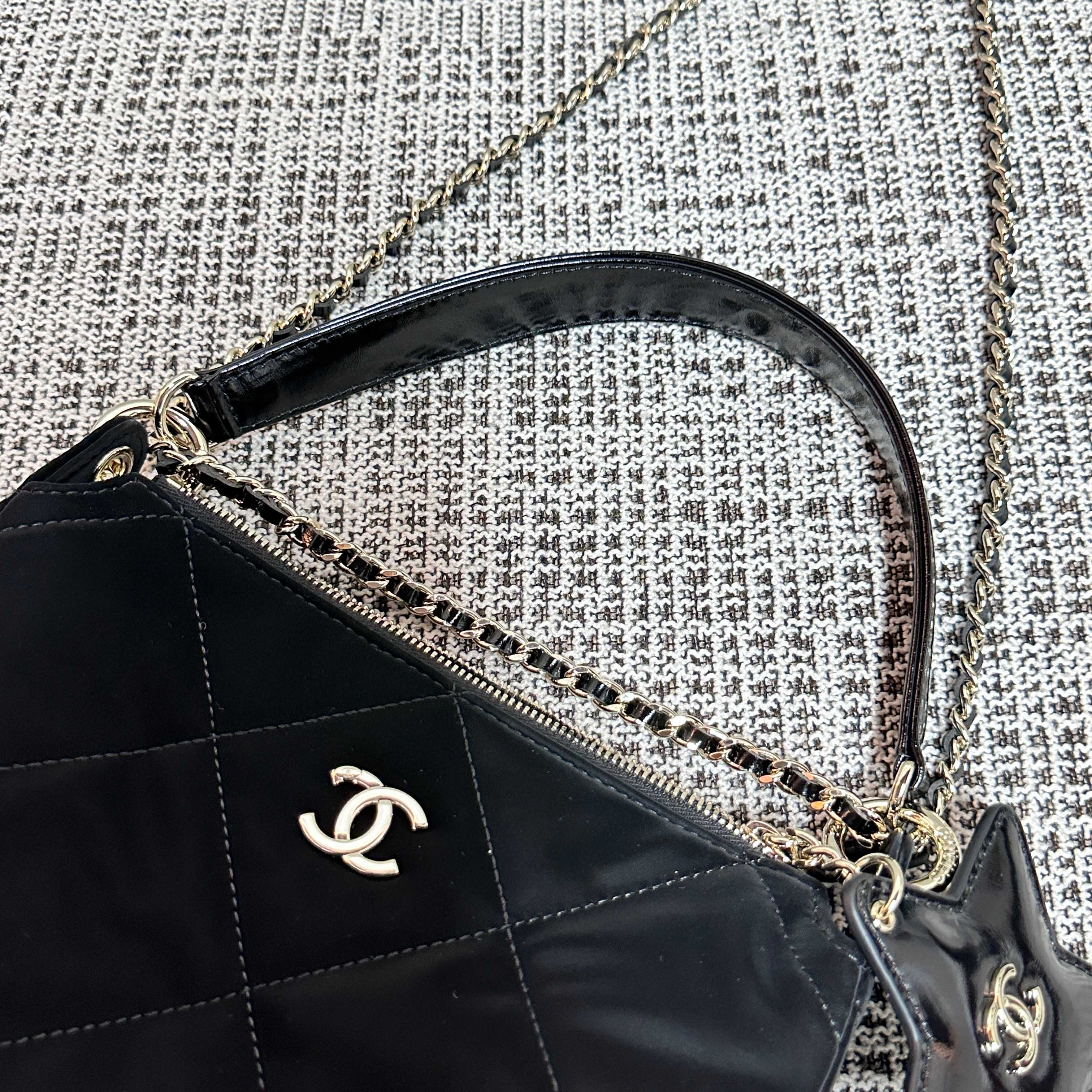 CHANEL 26S STAR CHARM HALF MOON SHOULDER BAG 20 IN BLACK SATIN GOLD HARDWARE