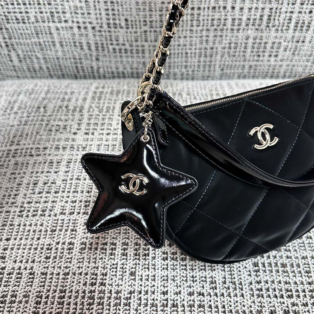 CHANEL 26S STAR CHARM HALF MOON SHOULDER BAG 20 IN BLACK SATIN GOLD HARDWARE
