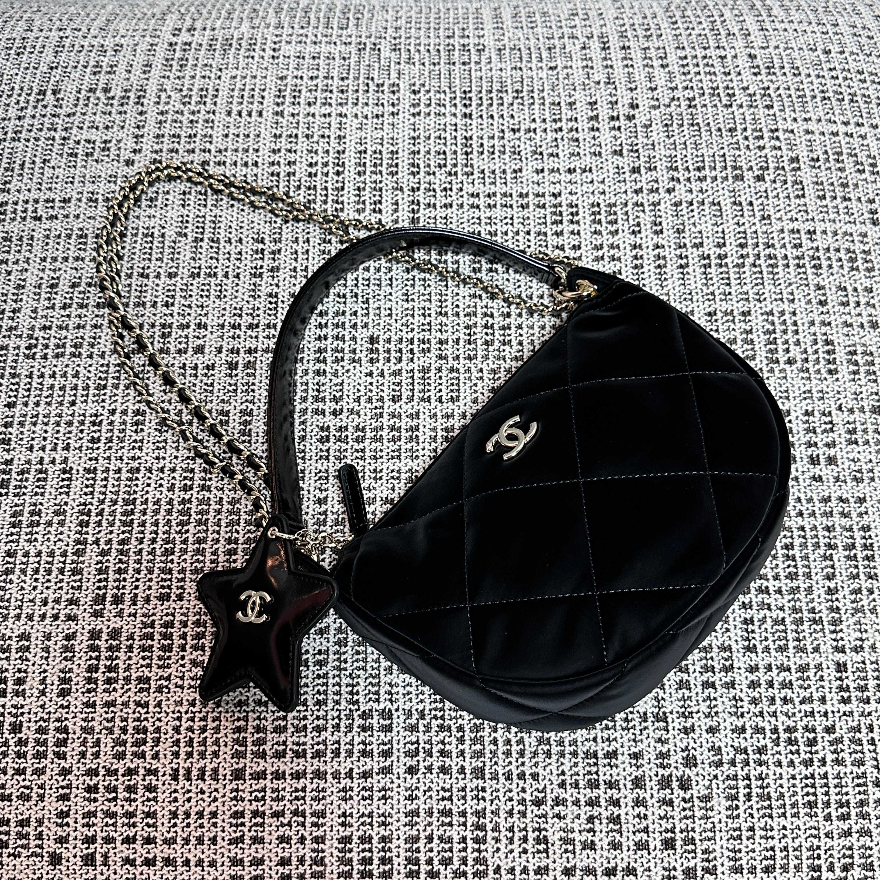 CHANEL 26S STAR CHARM HALF MOON SHOULDER BAG 20 IN BLACK SATIN GOLD HARDWARE