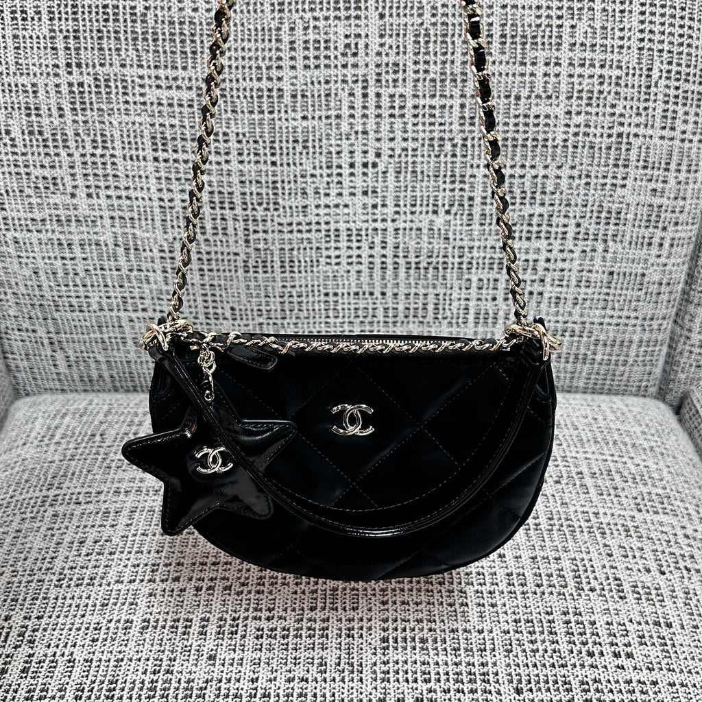 CHANEL 26S STAR CHARM HALF MOON SHOULDER BAG 20 IN BLACK SATIN GOLD HARDWARE