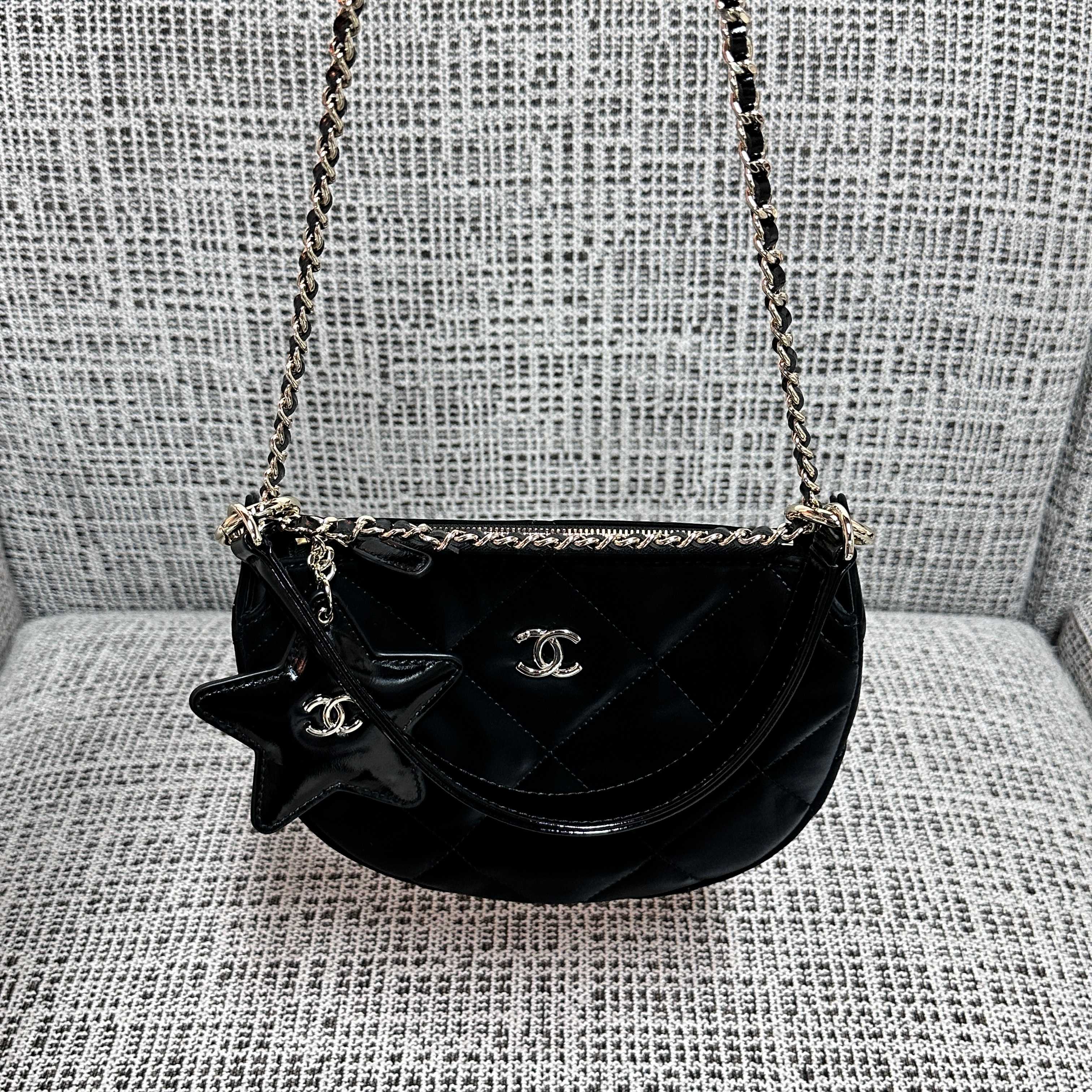 CHANEL 26S STAR CHARM HALF MOON SHOULDER BAG 20 IN BLACK SATIN GOLD HARDWARE