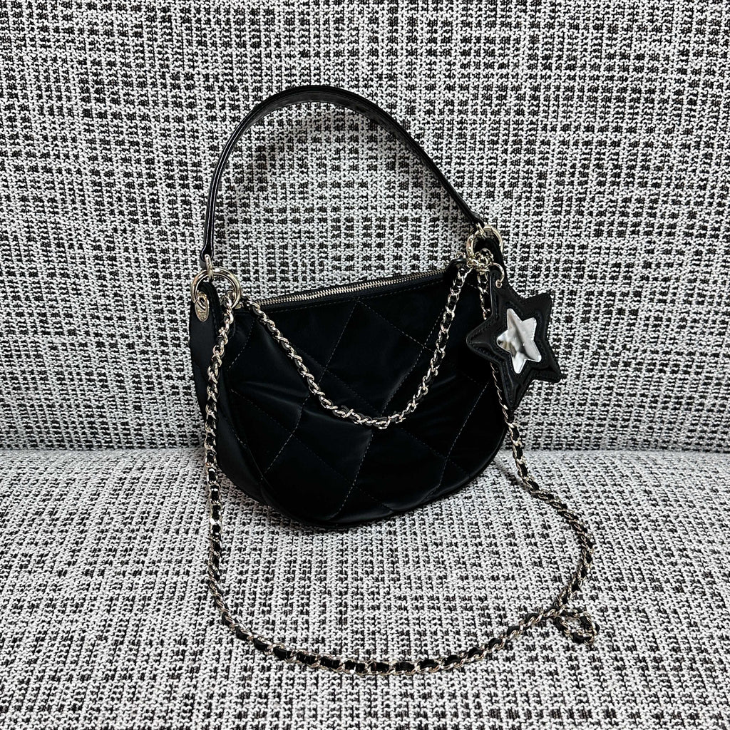 CHANEL 26S STAR CHARM HALF MOON SHOULDER BAG 20 IN BLACK SATIN GOLD HARDWARE