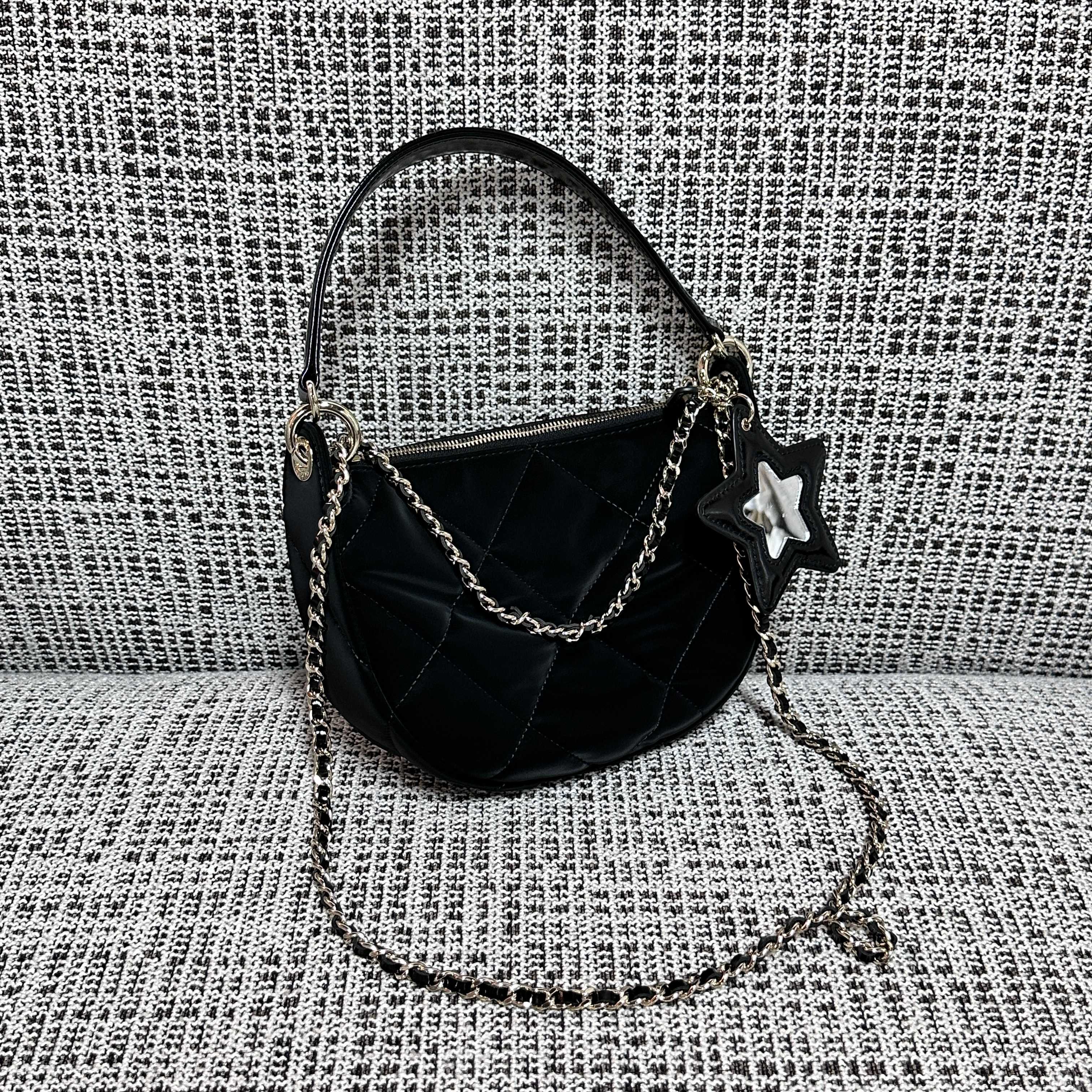 CHANEL 26S STAR CHARM HALF MOON SHOULDER BAG 20 IN BLACK SATIN GOLD HARDWARE