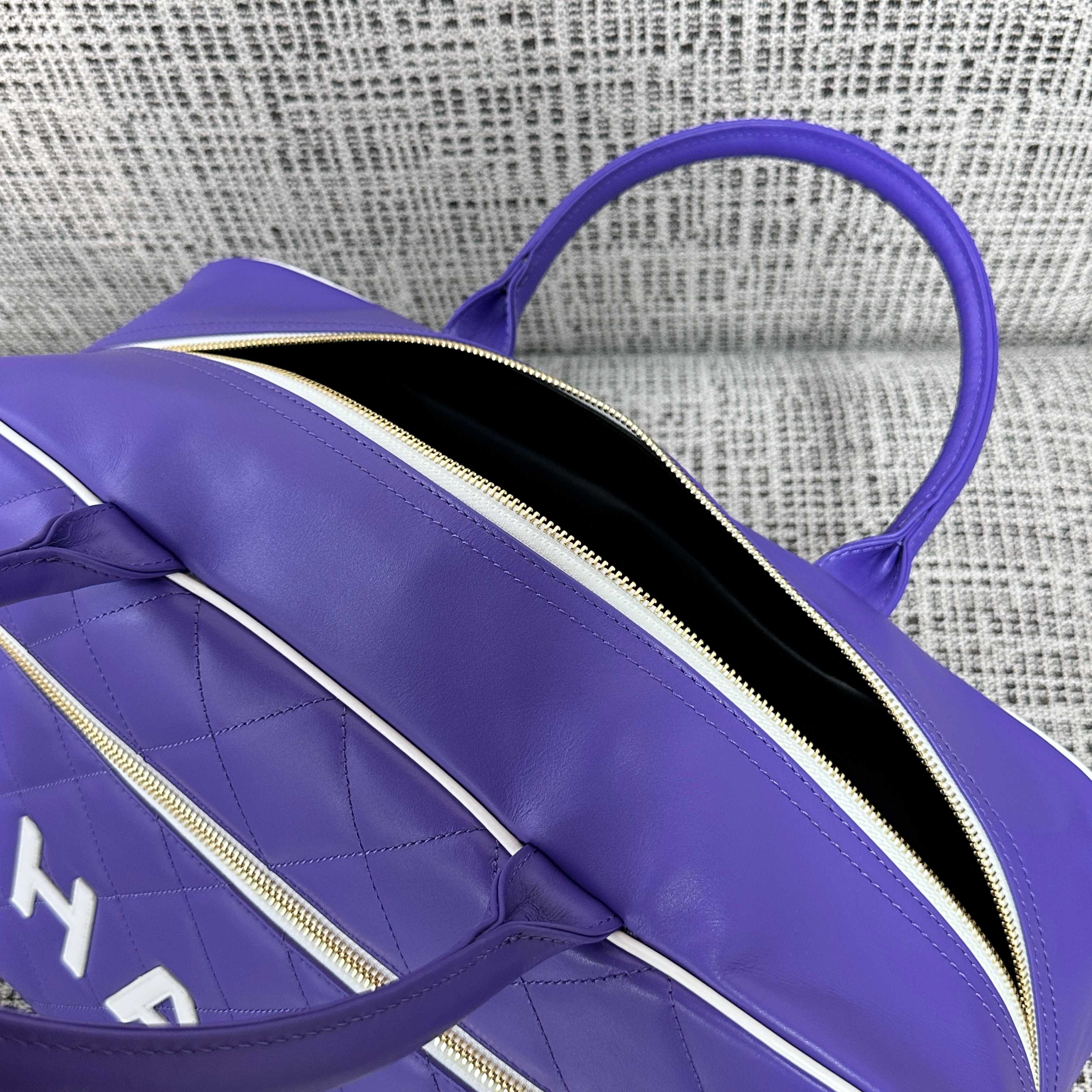 CHANEL 26S BOWLING BAG LARGE 46 IN BLUE PURPLE AND WHITE CALFSKIN GOLD HARDWARE