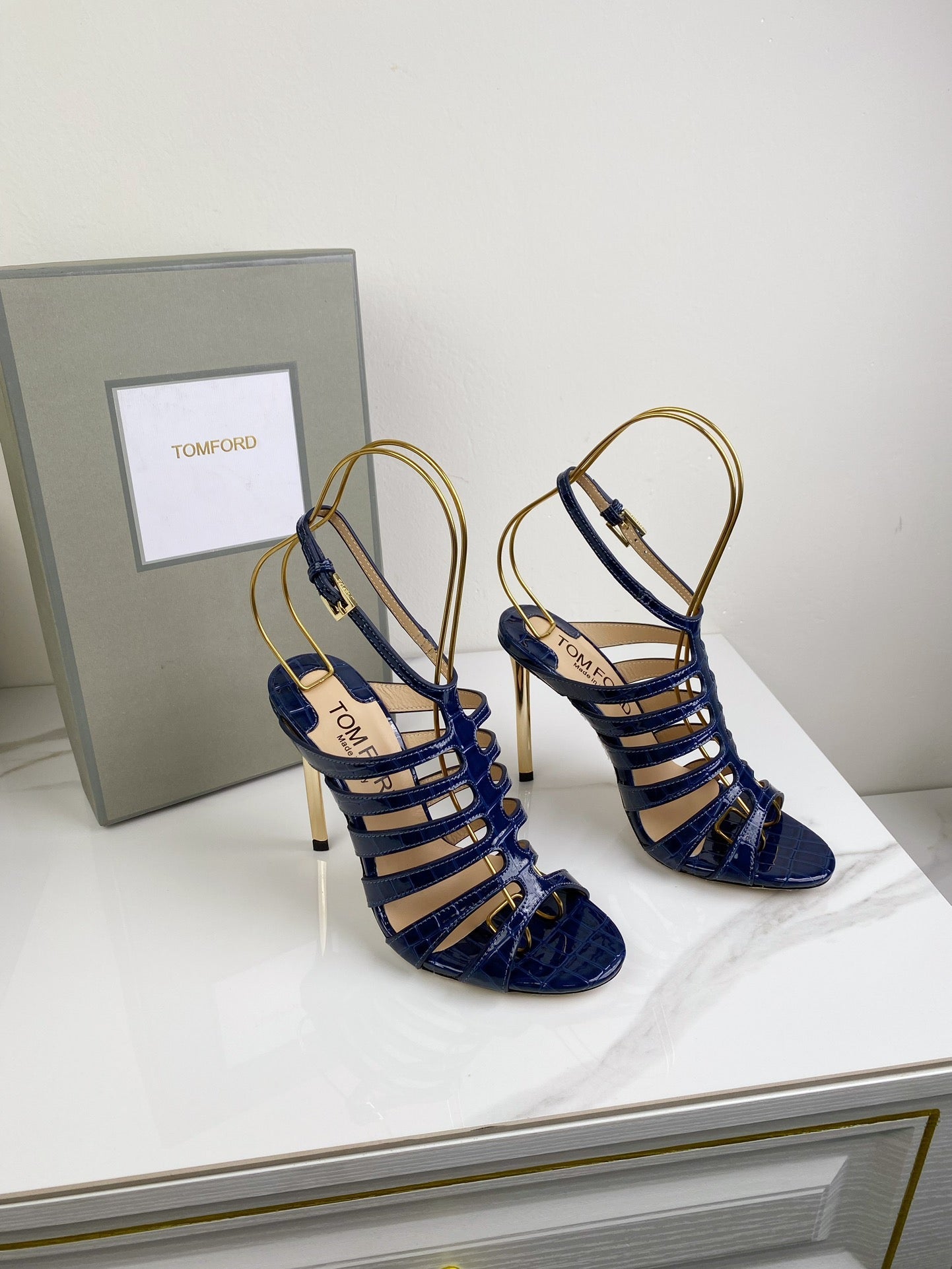 HIGH SANDAL 10 CM IN NAVY BLUE CALFSKIN