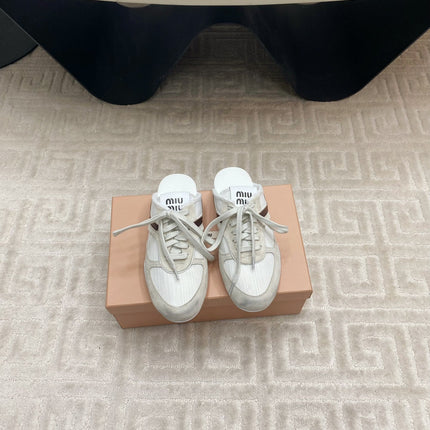 SNEAKER MULES IN WHITE MESH AND BEIGE SUEDE