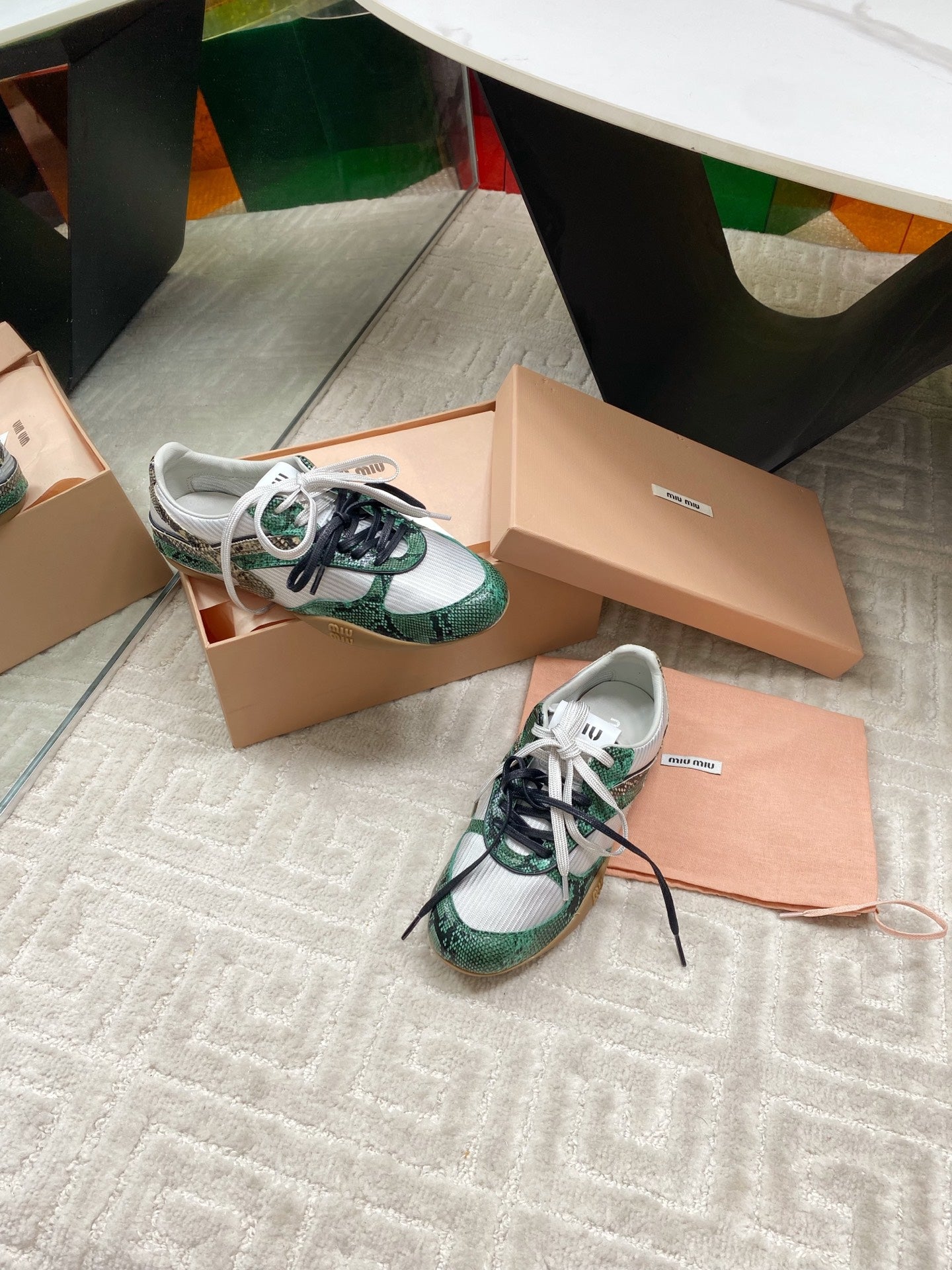 SNAKESKIN-LEATHER SNEAKERS IN GREEN MIX GREY CALFSKIN AND MESH