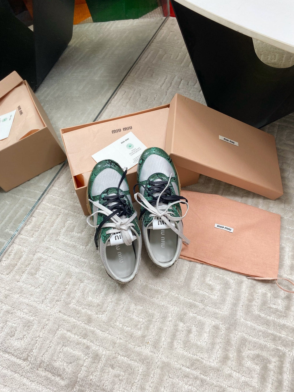 SNAKESKIN-LEATHER SNEAKERS IN GREEN MIX GREY CALFSKIN AND MESH