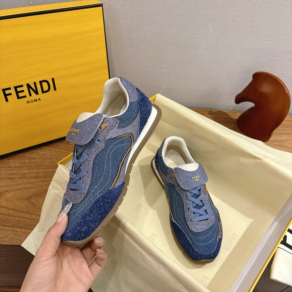 FENDI 25S CORTEZ RETRO SNEAKERS IN BLUE DENIM