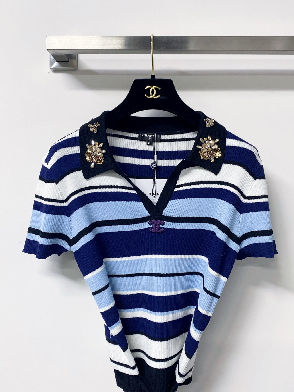 CHANEL 26S EMBELLISHED KNIT POLO TOP 1470
