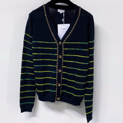 CHANEL 26S STRIPED V-NECK KNIT CARDIGAN 1520