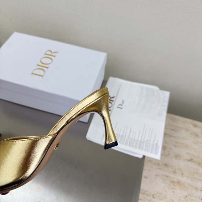 DIOR 26S KITTEN HEEL MULE SANDALS IN GOLD CALFSKIN WITH LOGO