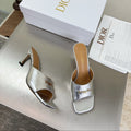 DIOR 26S KITTEN HEEL MULE SANDALS IN SILVER CALFSKIN WITH LOGO