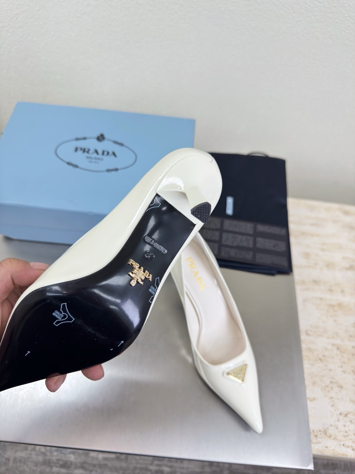 PRADA 26S POINTED TOE PUMPS 75MM IN WHITE PATENT CALFSKIN